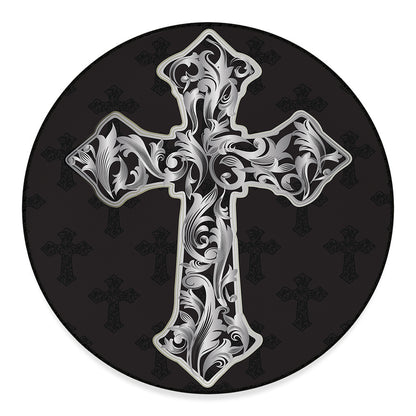Ornamental Silver Cross Print Round Floor Mat