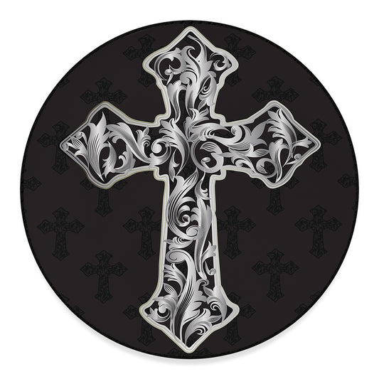 Ornamental Silver Cross Print Round Floor Mat