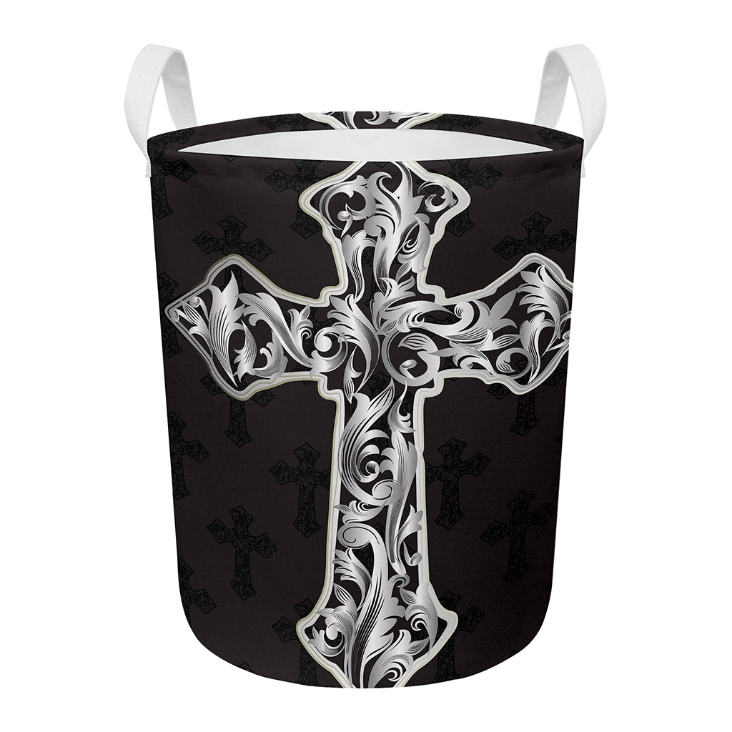 Ornamental Silver Cross Print Round Laundry Basket