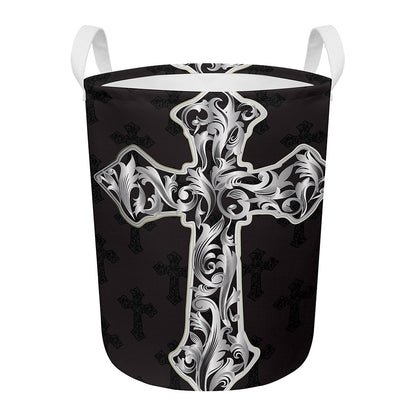 Ornamental Silver Cross Print Round Laundry Basket