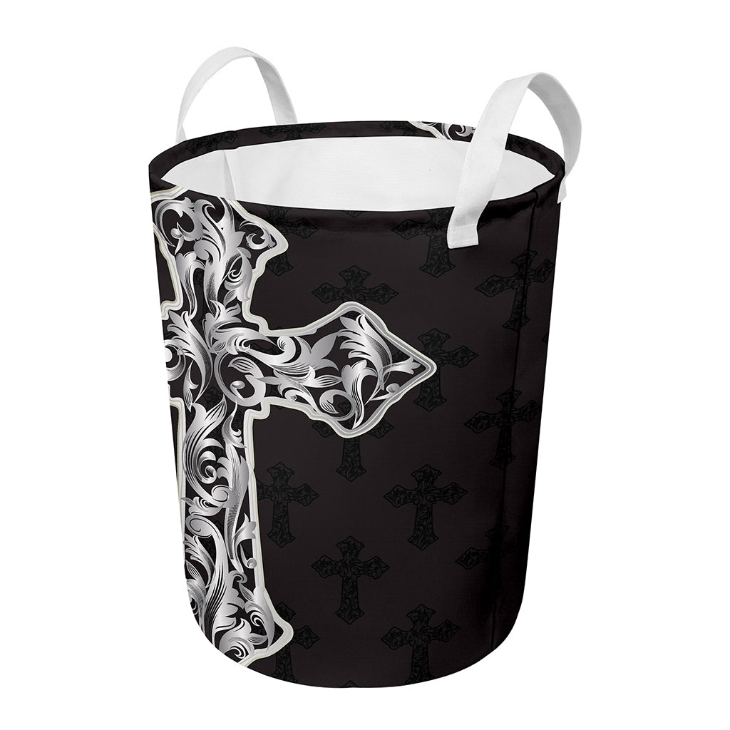 Ornamental Silver Cross Print Round Laundry Basket