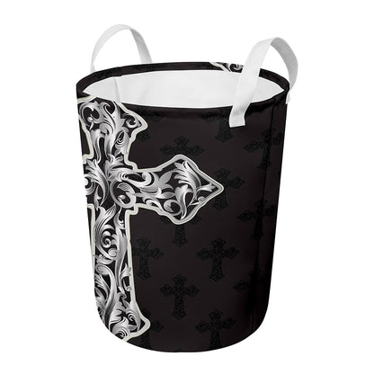 Ornamental Silver Cross Print Round Laundry Basket