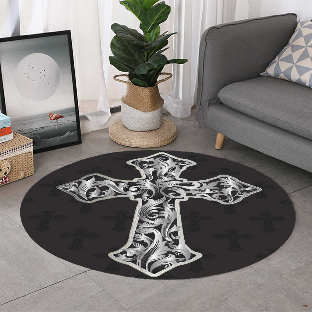 Ornamental Silver Cross Print Round Rug