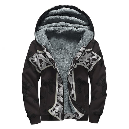 Ornamental Silver Cross Print Sherpa Lined Zip Up Hoodie