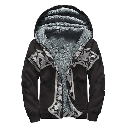 Ornamental Silver Cross Print Sherpa Lined Zip Up Hoodie