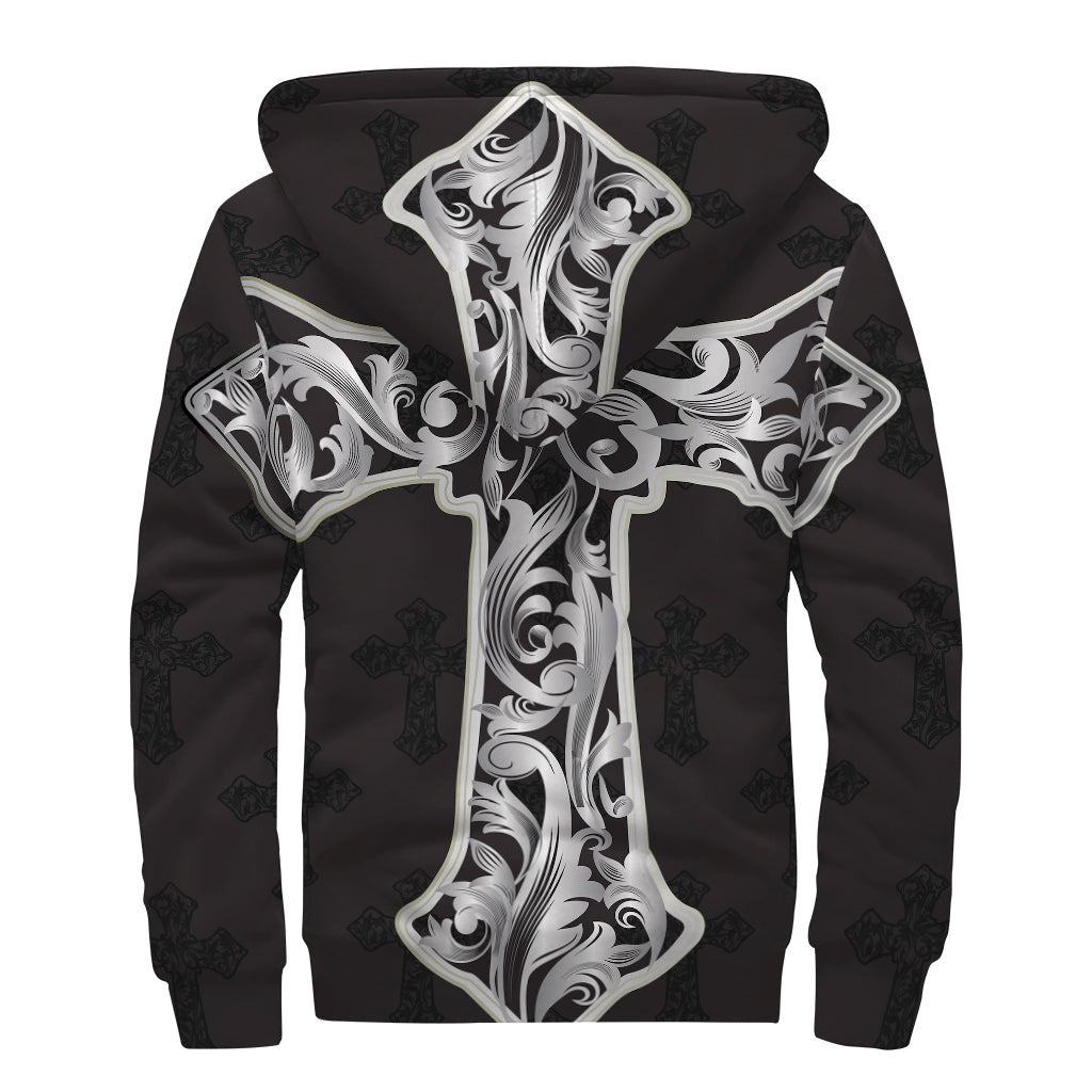 Ornamental Silver Cross Print Sherpa Lined Zip Up Hoodie