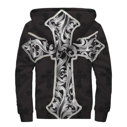 Ornamental Silver Cross Print Sherpa Lined Zip Up Hoodie