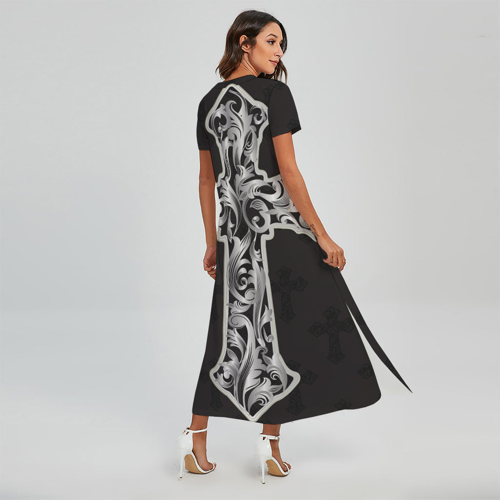 Ornamental Silver Cross Print Short Sleeve Maxi Dress