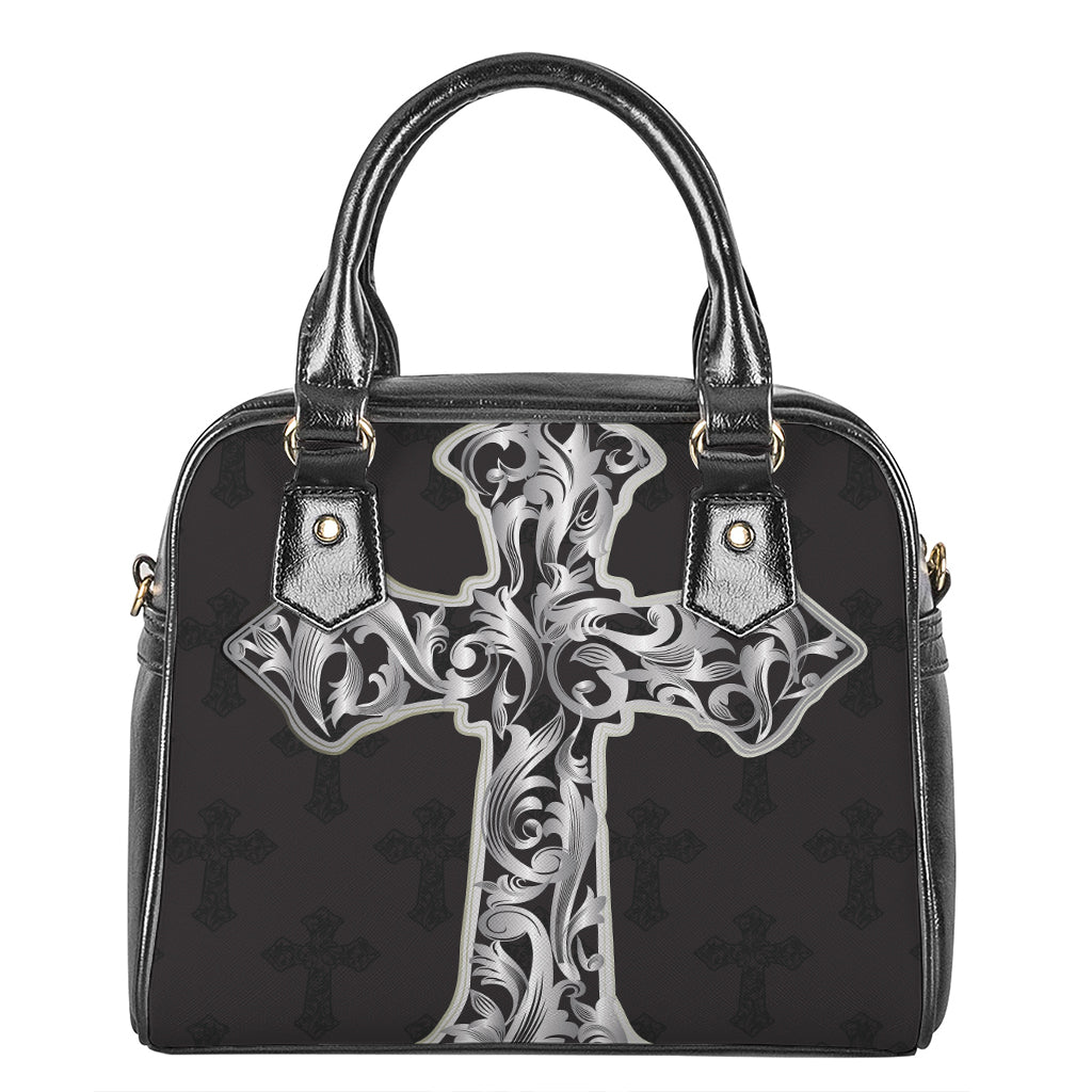 Ornamental Silver Cross Print Shoulder Handbag