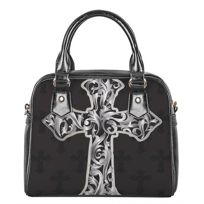 Ornamental Silver Cross Print Shoulder Handbag