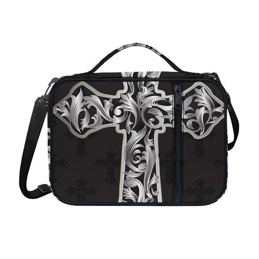 Ornamental Silver Cross Print Shoulder Strap Bible Bag