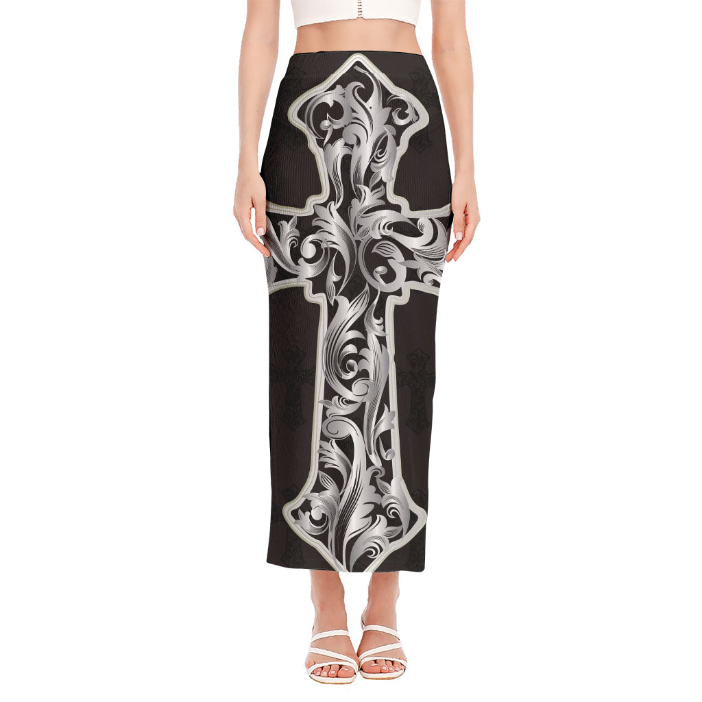 Ornamental Silver Cross Print Side Slit Maxi Skirt