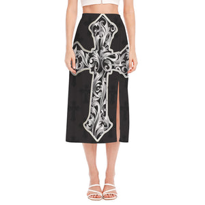 Ornamental Silver Cross Print Side Slit Midi Skirt