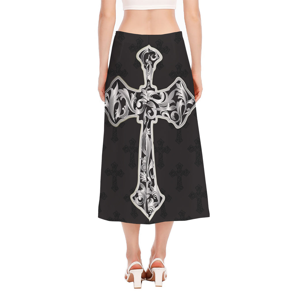 Ornamental Silver Cross Print Side Slit Midi Skirt