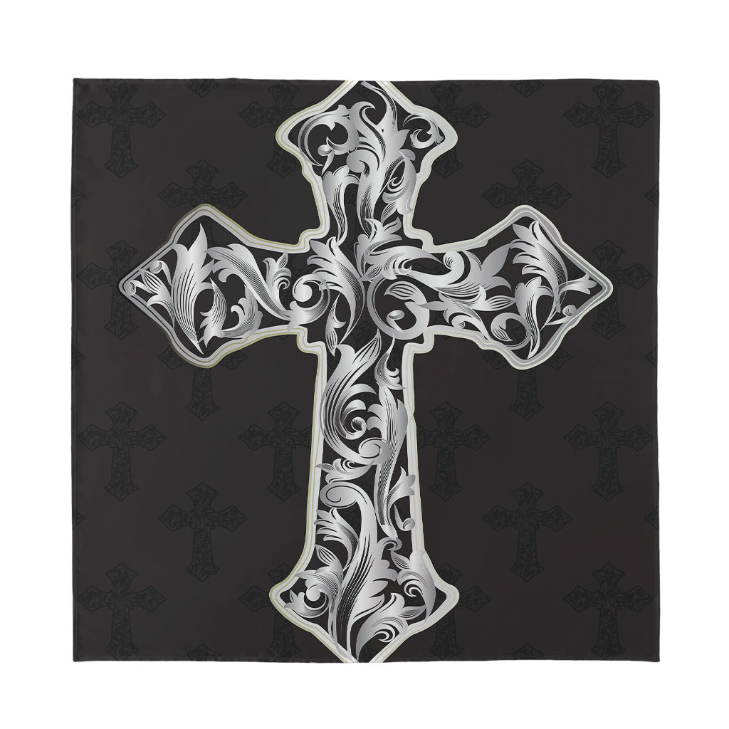 Ornamental Silver Cross Print Silk Bandana