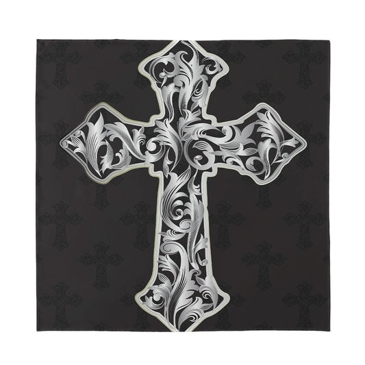 Ornamental Silver Cross Print Silk Bandana