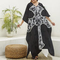Ornamental Silver Cross Print Silk V-Neck Kaftan Dress