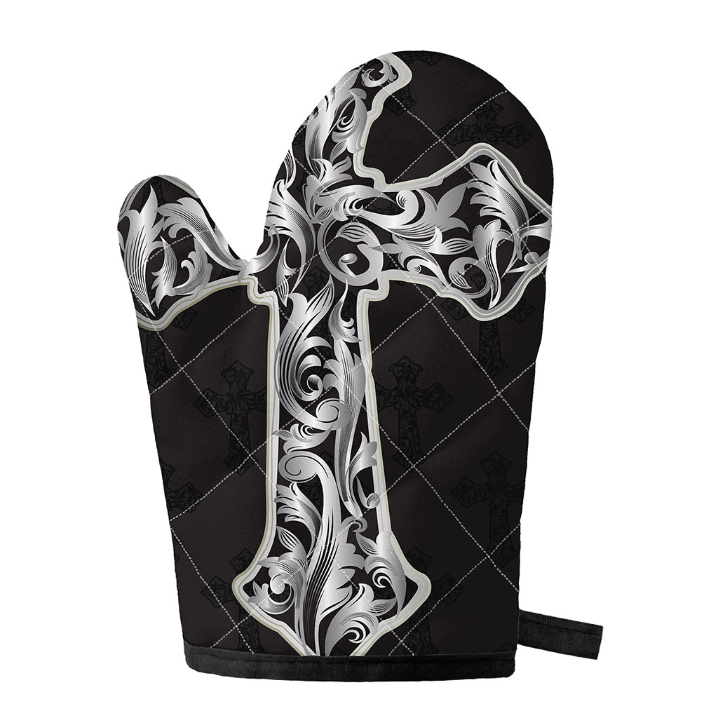 Ornamental Silver Cross Print Single Oven Mitt