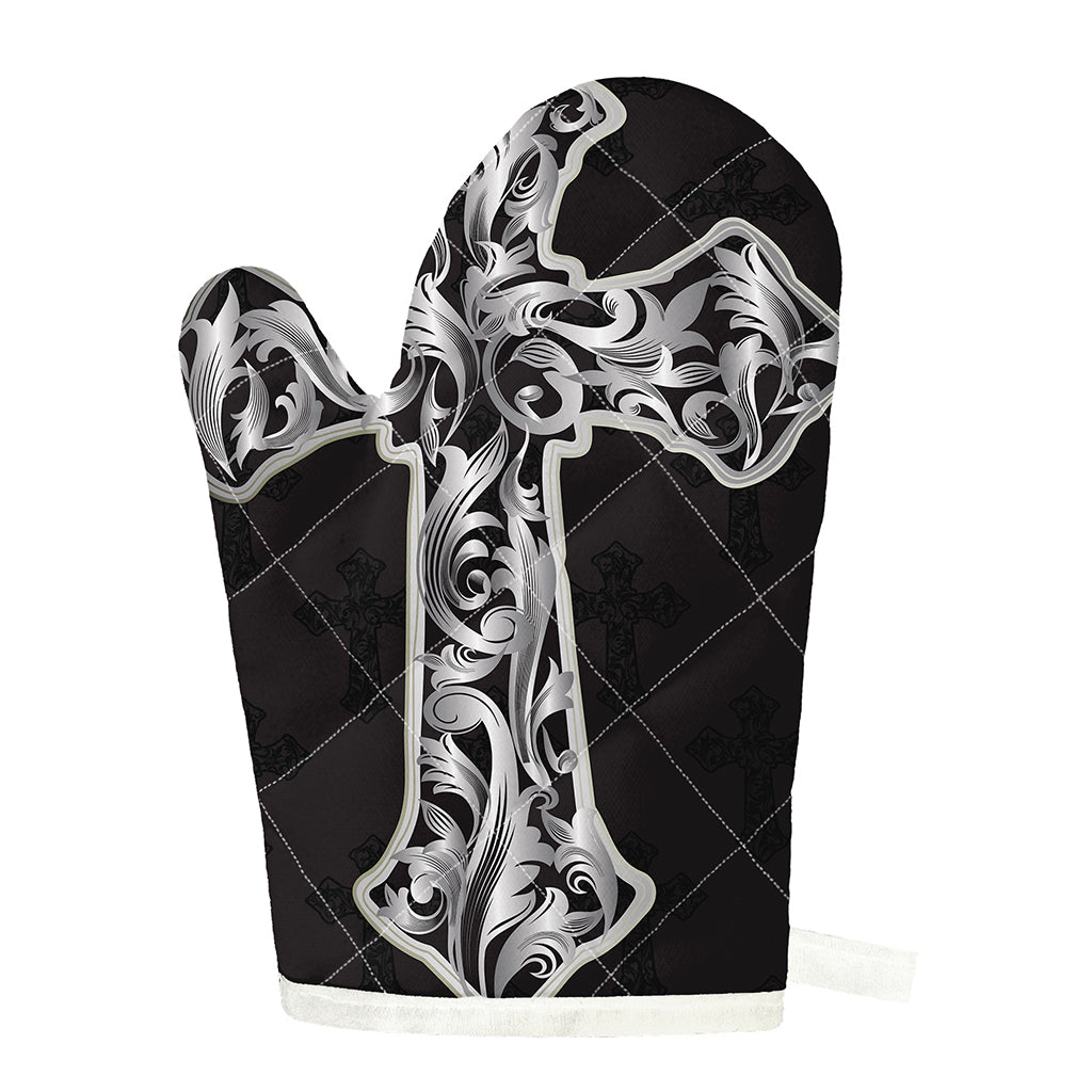 Ornamental Silver Cross Print Single Oven Mitt