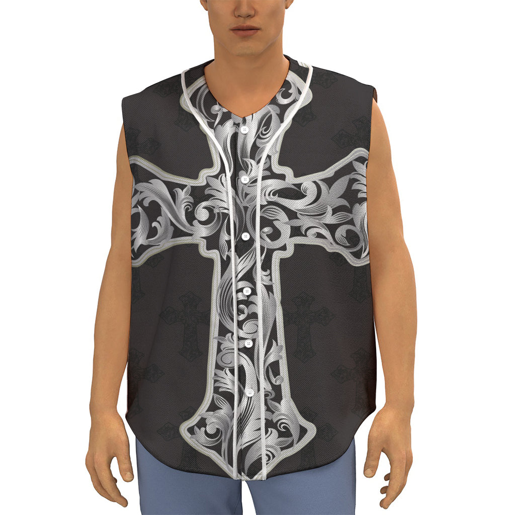 Ornamental Silver Cross Print Sleeveless Baseball Jersey