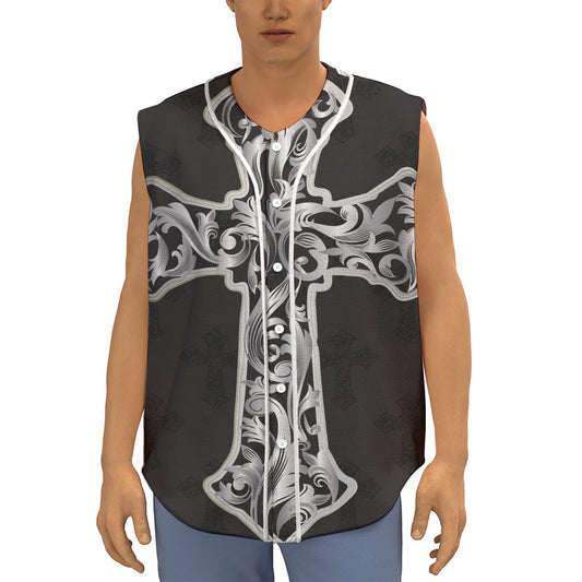 Ornamental Silver Cross Print Sleeveless Baseball Jersey