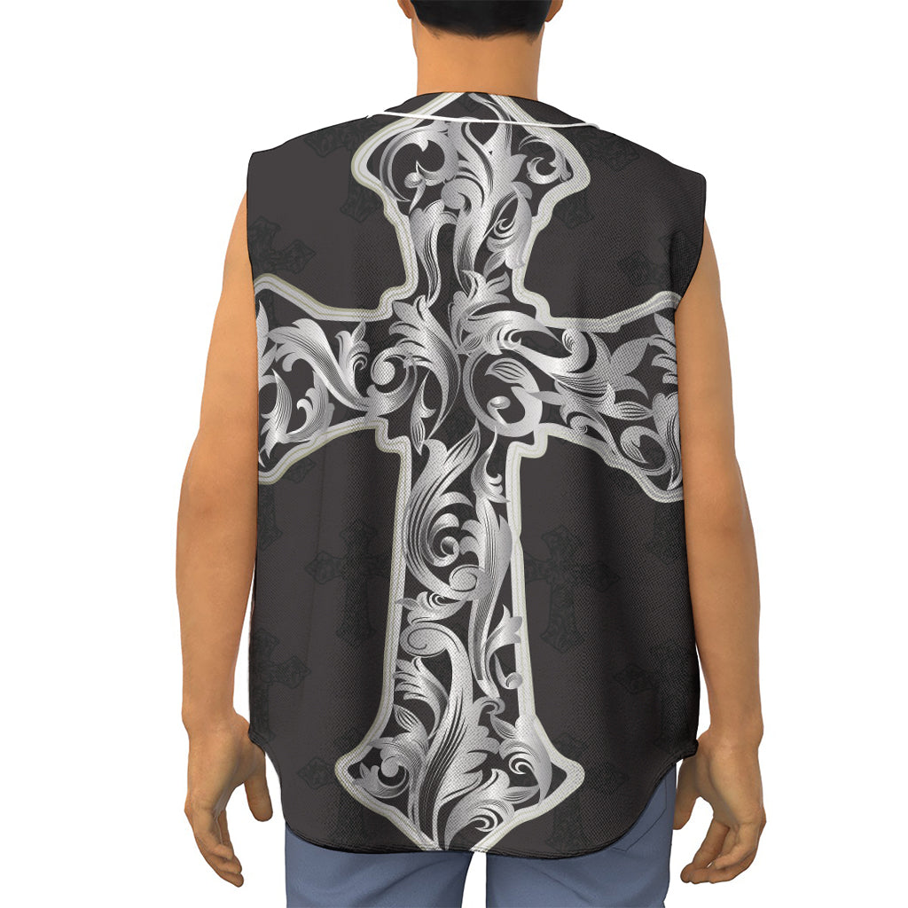 Ornamental Silver Cross Print Sleeveless Baseball Jersey