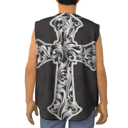 Ornamental Silver Cross Print Sleeveless Baseball Jersey