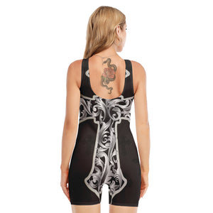 Ornamental Silver Cross Print Sleeveless One Piece Swimsuit