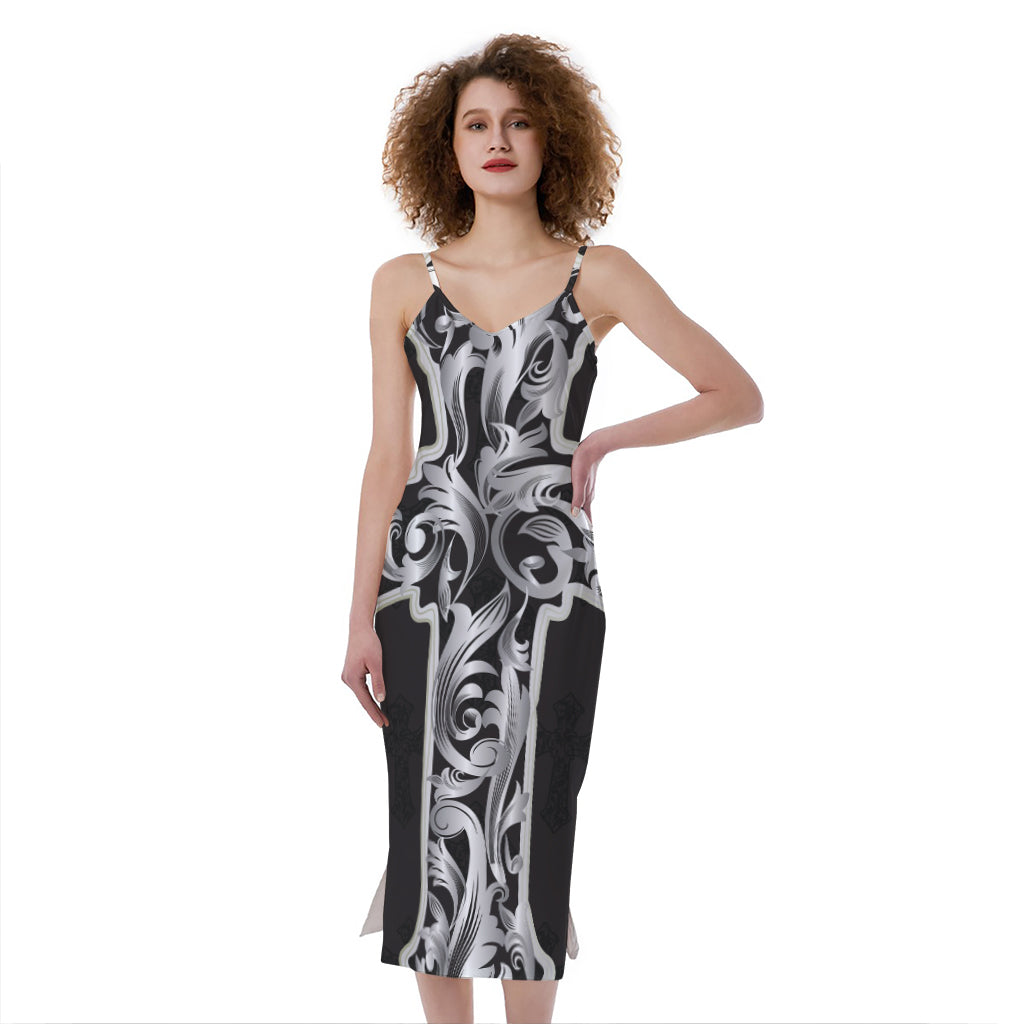 Ornamental Silver Cross Print Slim Fit Midi Cami Dress