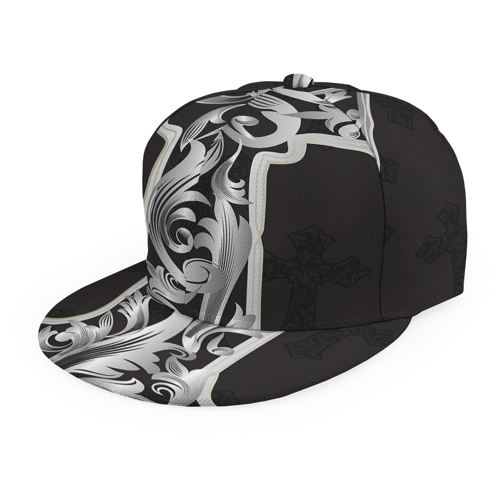 Ornamental Silver Cross Print Snapback Cap