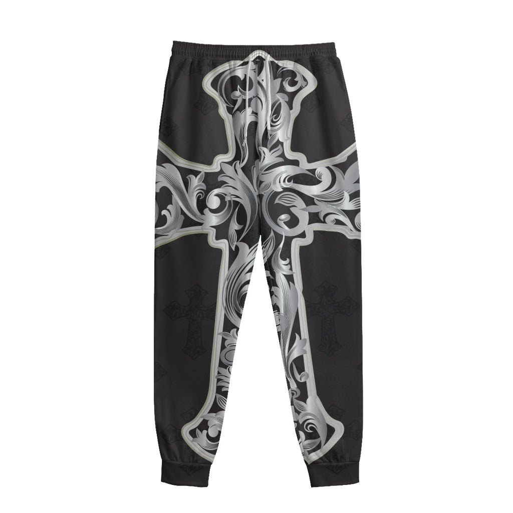 Ornamental Silver Cross Print Sweatpants