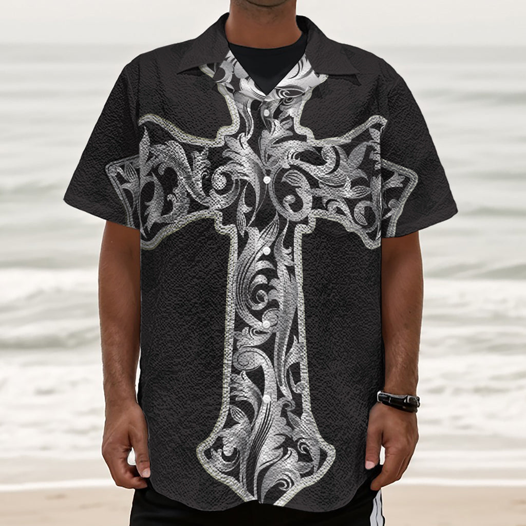 Ornamental Silver Cross Print Textured Short Sleeve Shirt