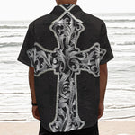 Ornamental Silver Cross Print Textured Short Sleeve Shirt