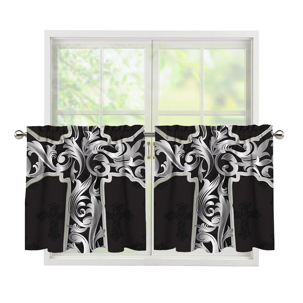Ornamental Silver Cross Print Tier Curtains