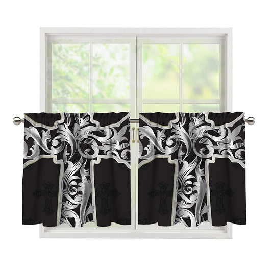 Ornamental Silver Cross Print Tier Curtains