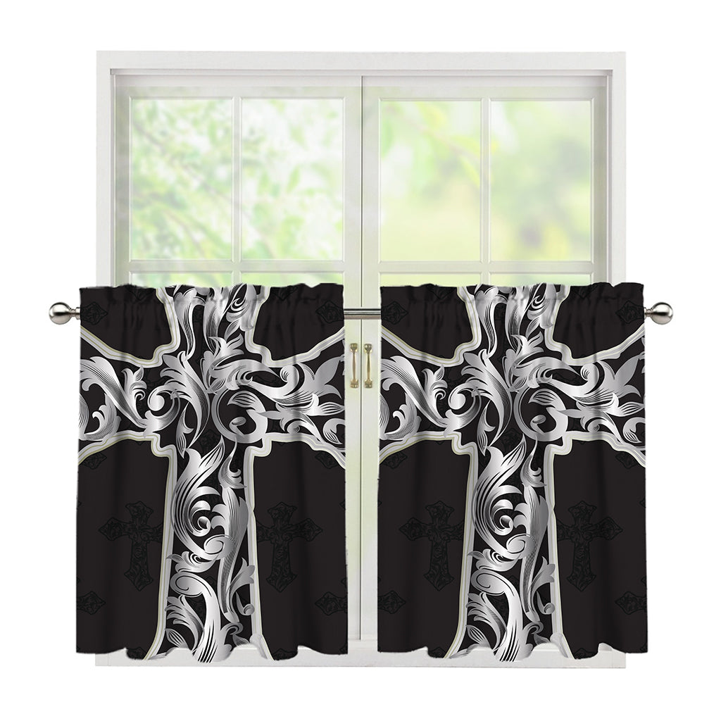 Ornamental Silver Cross Print Tier Curtains