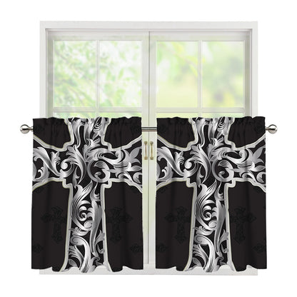 Ornamental Silver Cross Print Tier Curtains