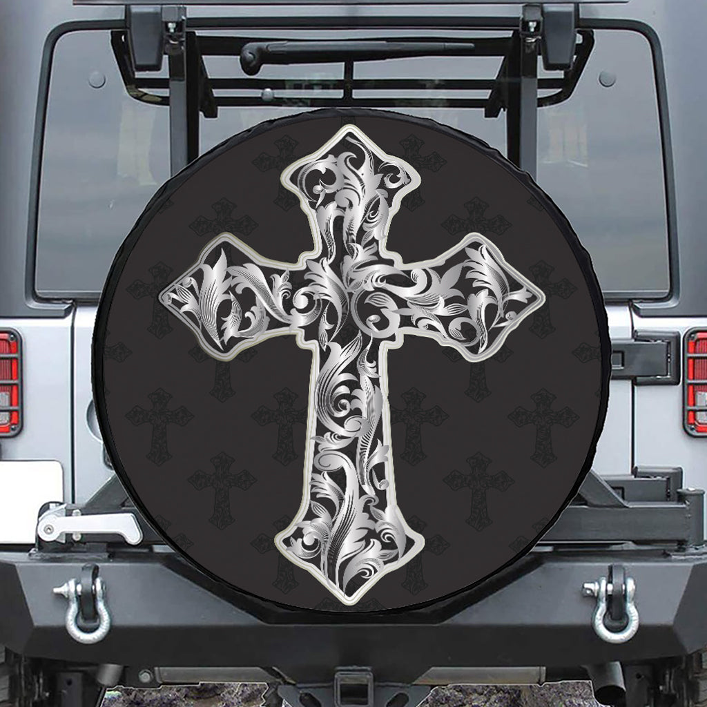 Ornamental Silver Cross Print Tire Cover