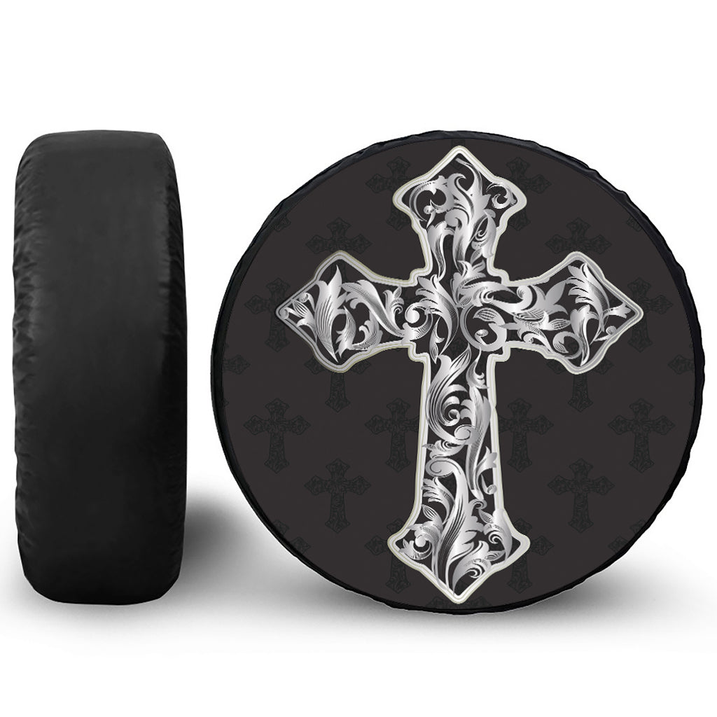 Ornamental Silver Cross Print Tire Cover