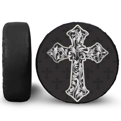 Ornamental Silver Cross Print Tire Cover