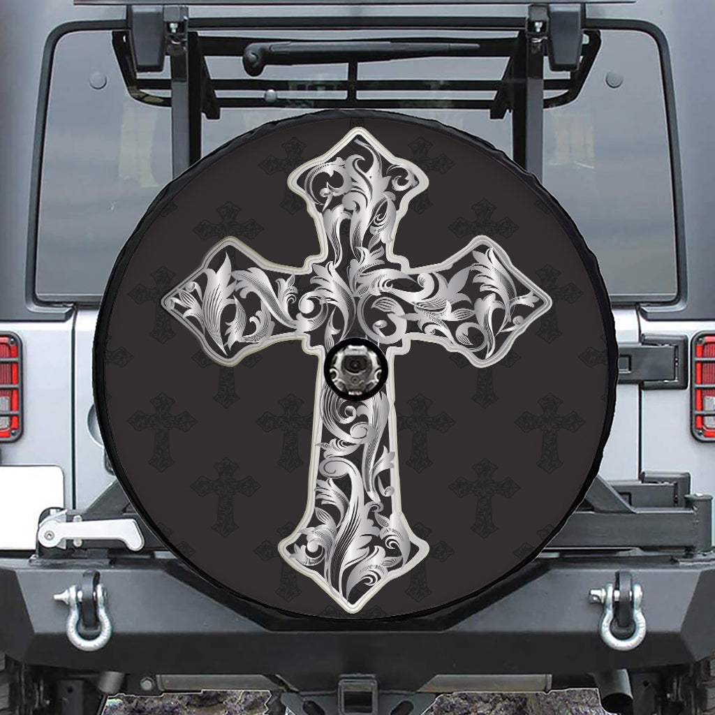 Ornamental Silver Cross Print Tire Cover With Camera Hole