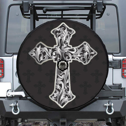 Ornamental Silver Cross Print Tire Cover With Camera Hole