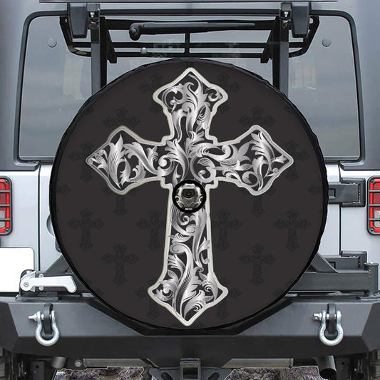 Ornamental Silver Cross Print Tire Cover With Camera Hole