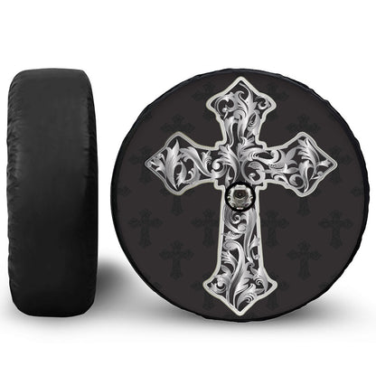 Ornamental Silver Cross Print Tire Cover With Camera Hole