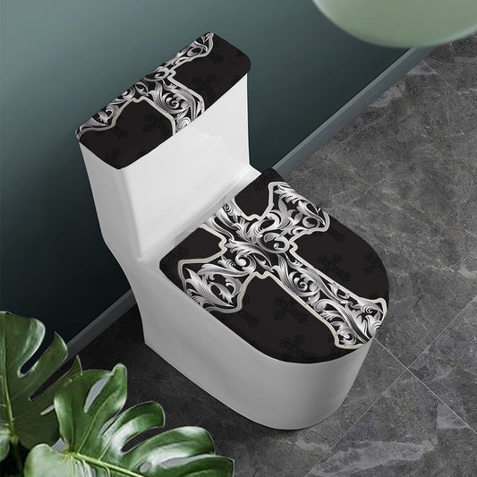 Ornamental Silver Cross Print Toilet Lid And Tank Cover Set