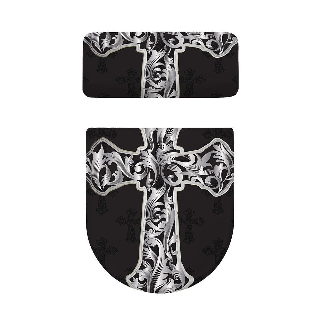Ornamental Silver Cross Print Toilet Lid And Tank Cover Set