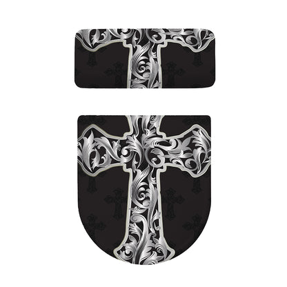 Ornamental Silver Cross Print Toilet Lid And Tank Cover Set