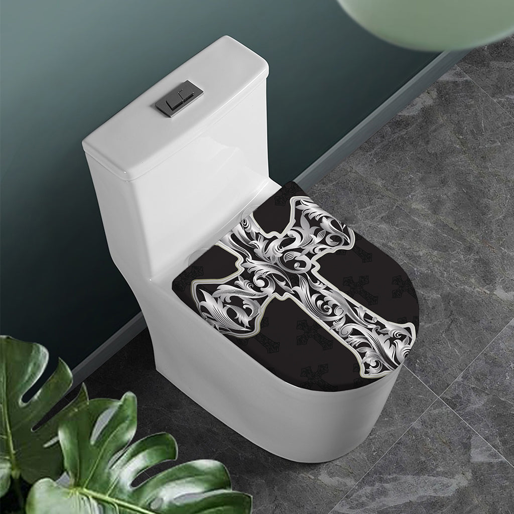 Ornamental Silver Cross Print Toilet Lid Cover