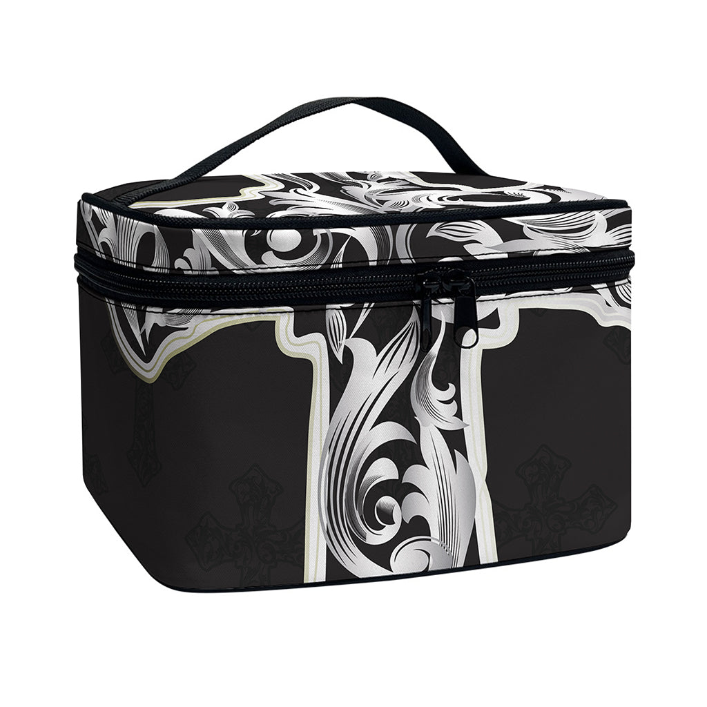 Ornamental Silver Cross Print Travel Makeup Bag