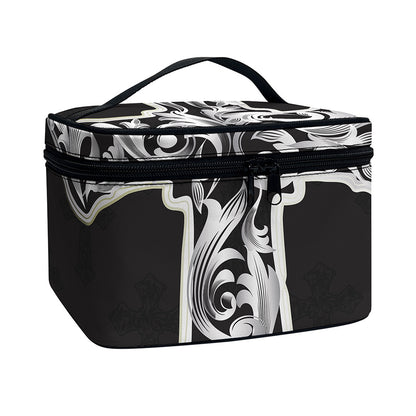 Ornamental Silver Cross Print Travel Makeup Bag
